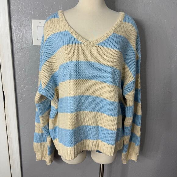 Edikted Sweaters - Edikted Women's Tracie Striped Oversized Sweater, Blue/Cream, M